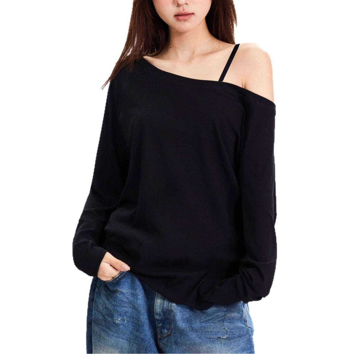 T-shirt long à manches longues asymétrique Off-Shoulder pour femmes en coton stretch avec coupe oversize Echo Archiv