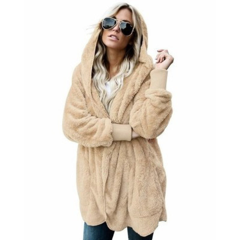 Manteau en Teddy‑Fleece oversize pour femmes avec ouverture frontale, poches latérales et bords côtelés Echo Archive