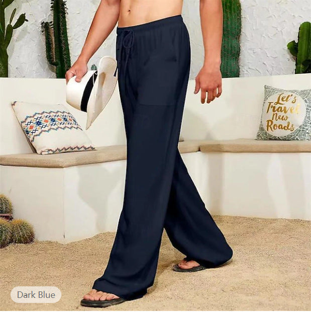 Pantalon large en lin pour hommes avec cordon de serrage, poches latérales plaquées et coupe Relaxed-Fit Echo Archiv