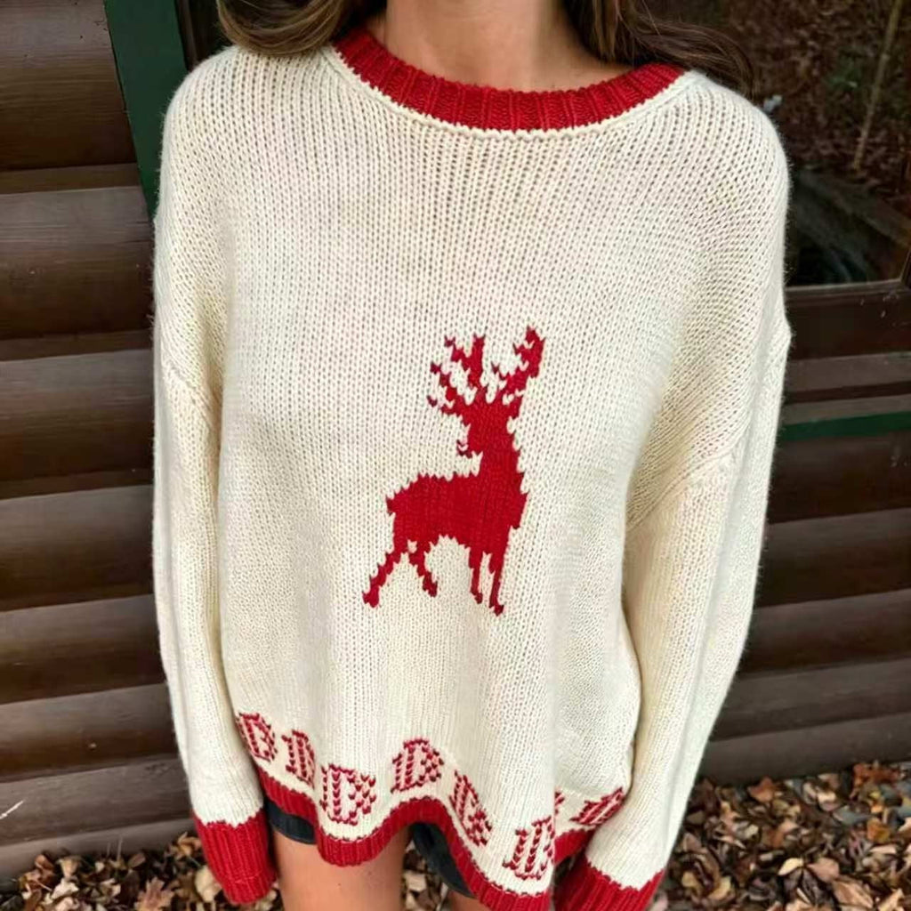 Pull en maille oversize pour femmes avec motif en intarsia de cerf, col rond et bords norvégiens Echoarchiv