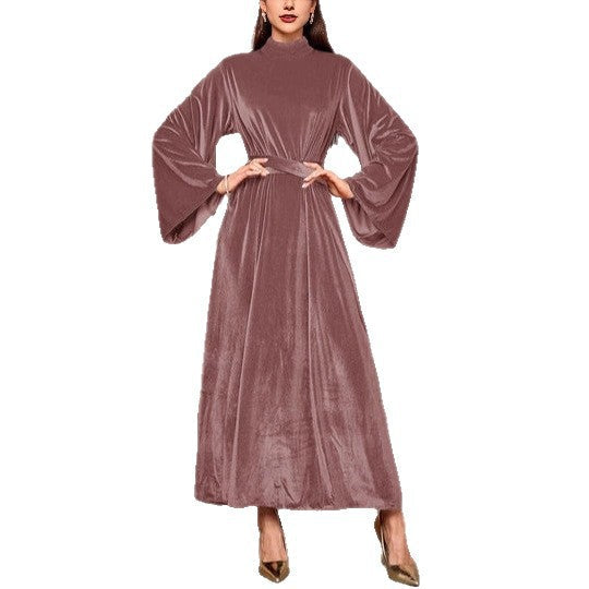 Robe maxi en velours pour femmes avec col montant, manches évasées et ceinture à la taille