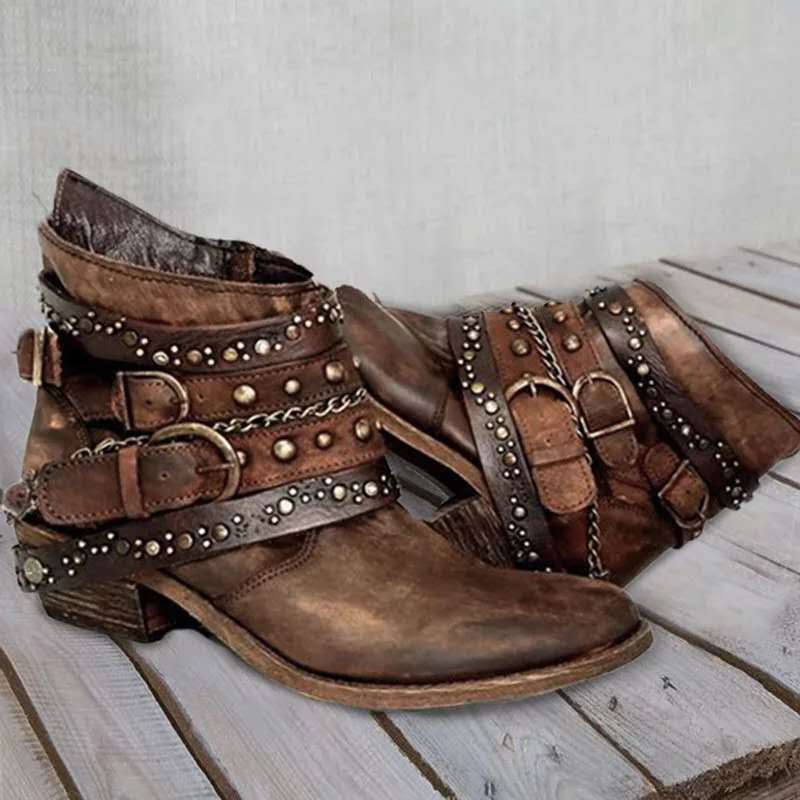 Bottines western pour femmes avec sangle à boucle et chaînes