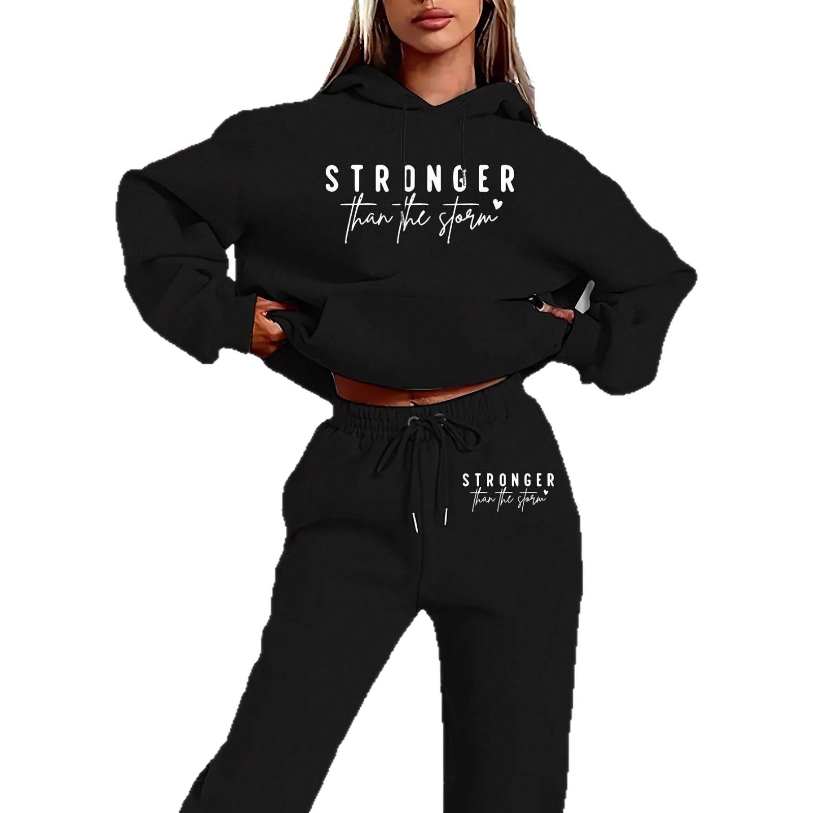 Ensemble de sweat à capuche cropped et de pantalon de jogging pour femmes avec impression statement, poche kangourou et taille élastique Echo Archiv