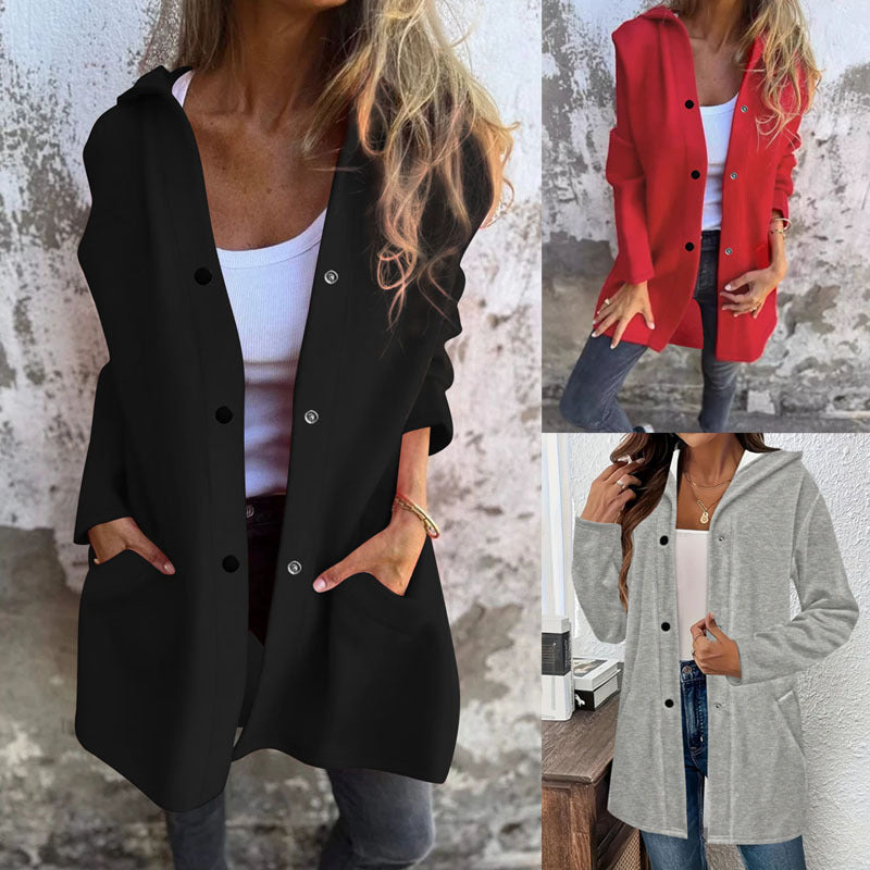 Cardigan long à capuche pour femmes avec patte à pressions, poches passepoilées et silhouette décontractée Echoarchiv