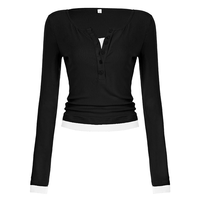 T-shirt Henley cropped ajusté pour femmes avec des bords contrastants Echo Archiv