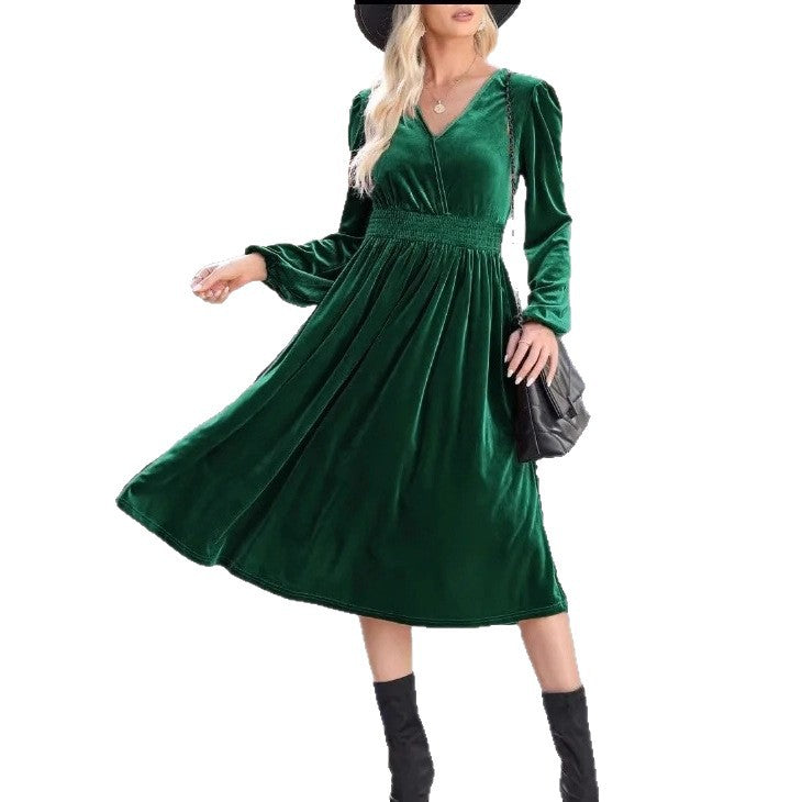 Robe midi en velours pour femmes avec décolleté en V, taille smock froncée et manches ballon longues