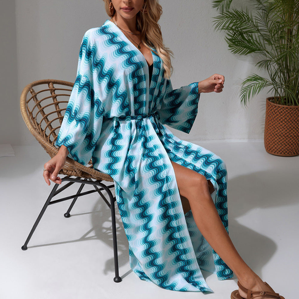 Kaftan de Plage Long pour Femme avec Décolleté en V, Ceinture à Nouer à la Taille & Fente Haute Echoarchiv