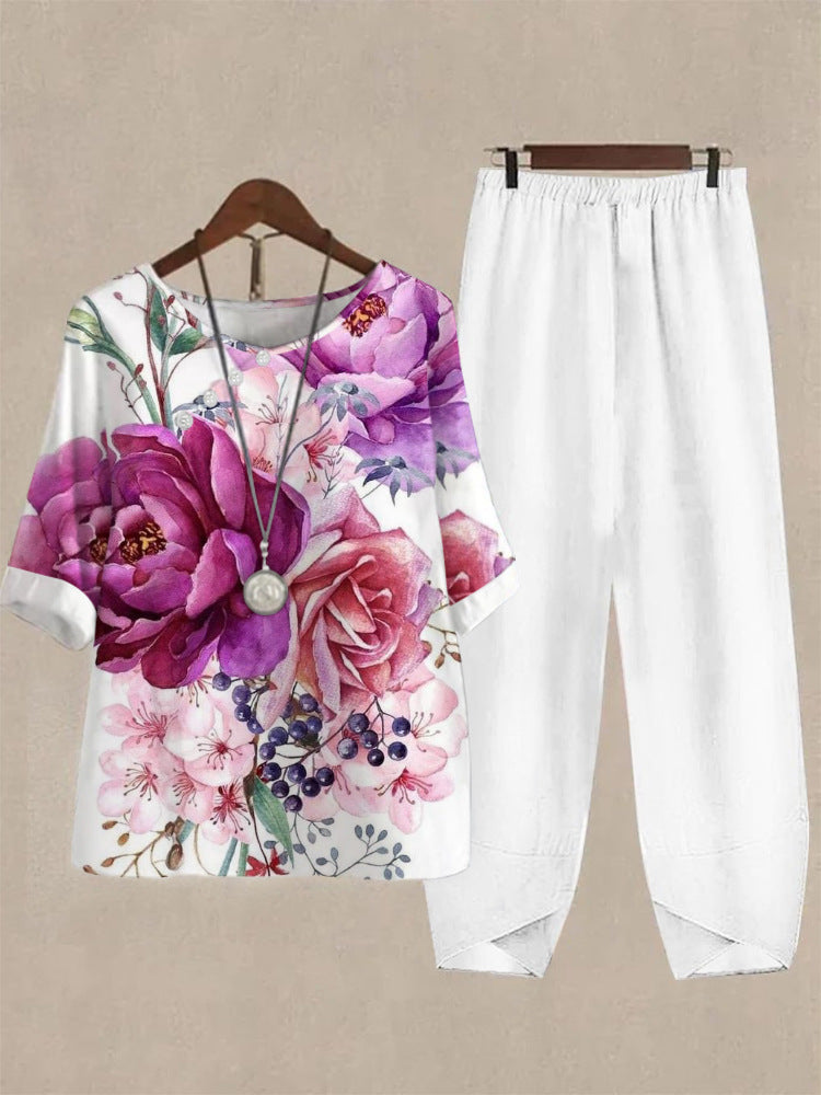 Haut de loisirs pour femmes avec motif floral et pantalon confortable R&B