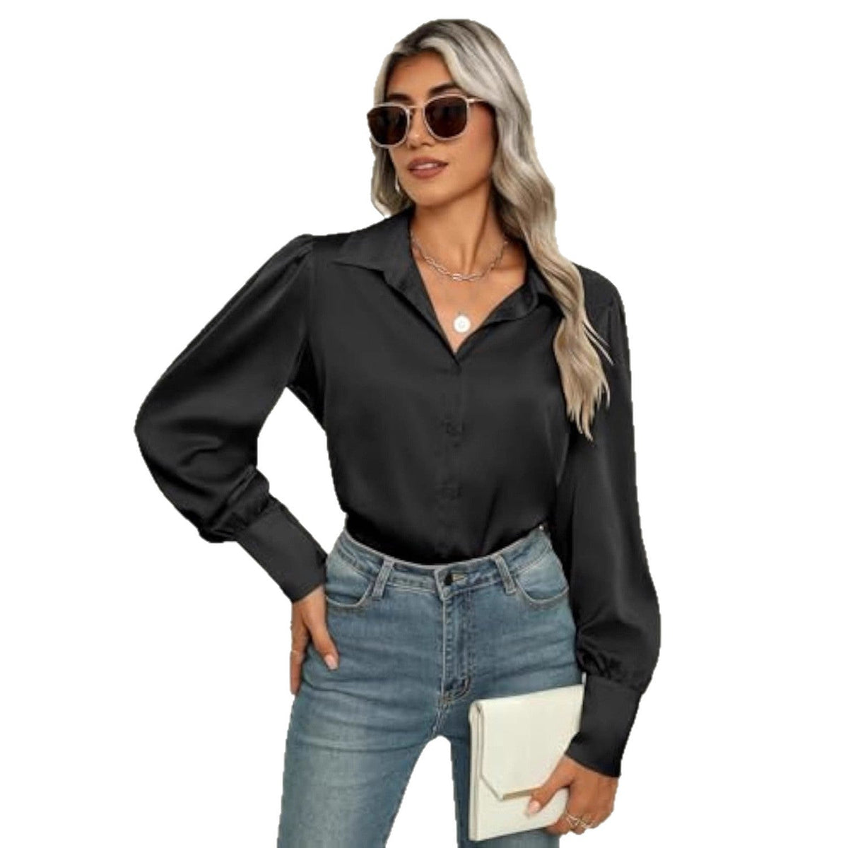Blouse en satin pour femmes avec col chemise, patte de boutonnage cachée et manches longues
