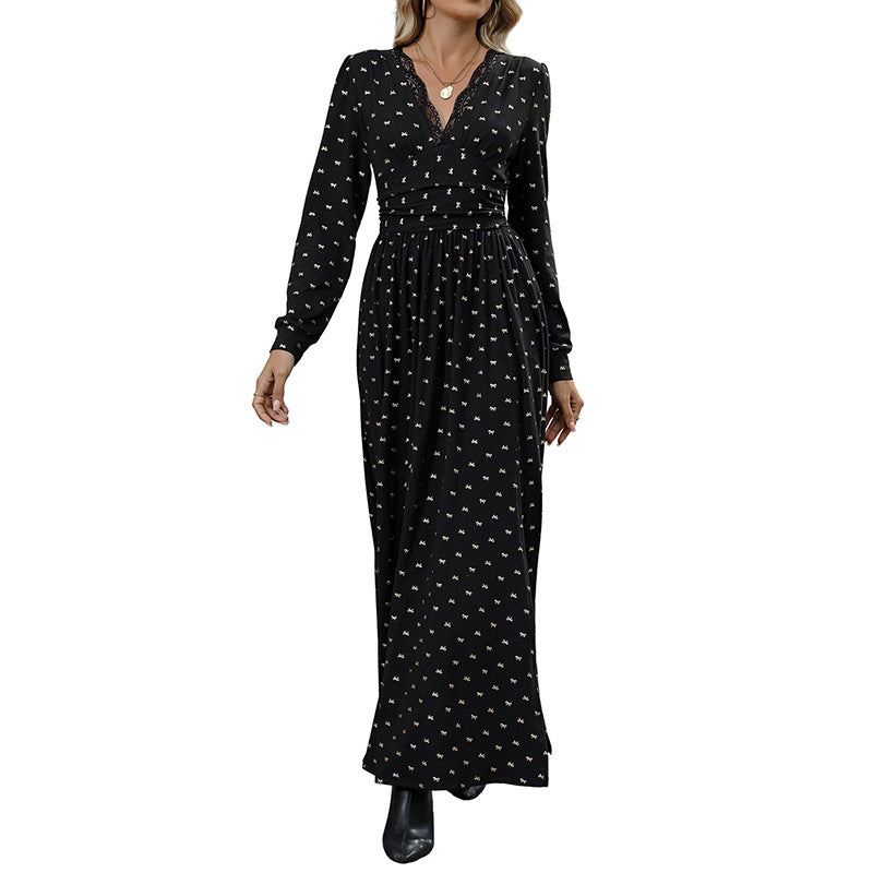 Robe maxi enveloppante élégante pour femmes avec dentelle, taille haute et jupe volumineuse Echoarchiv