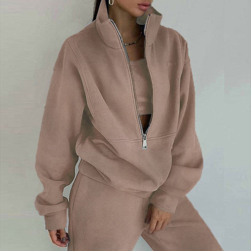 Ensemble de sweat-shirt à demi-zip et pantalon de jogging pour femmes avec col montant, coupe oversize et doux French-Terry Echo Archiv