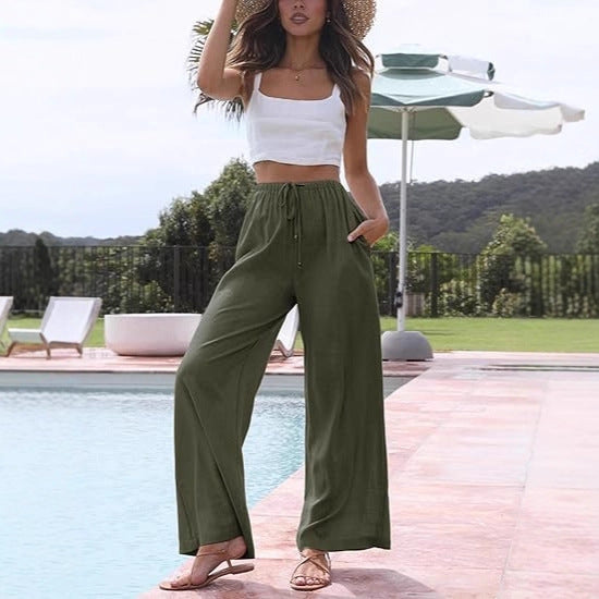 Pantalon Relax en lin mélangé pour femmes avec cordon de serrage et poches latérales