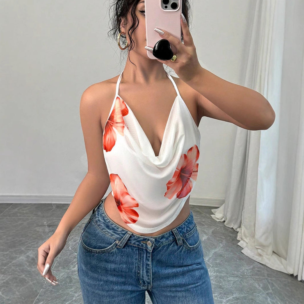 Top à manches pour femmes avec décolleté en V profond et design floral R&B
