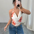 Top à manches pour femmes avec décolleté en V profond et design floral R&B