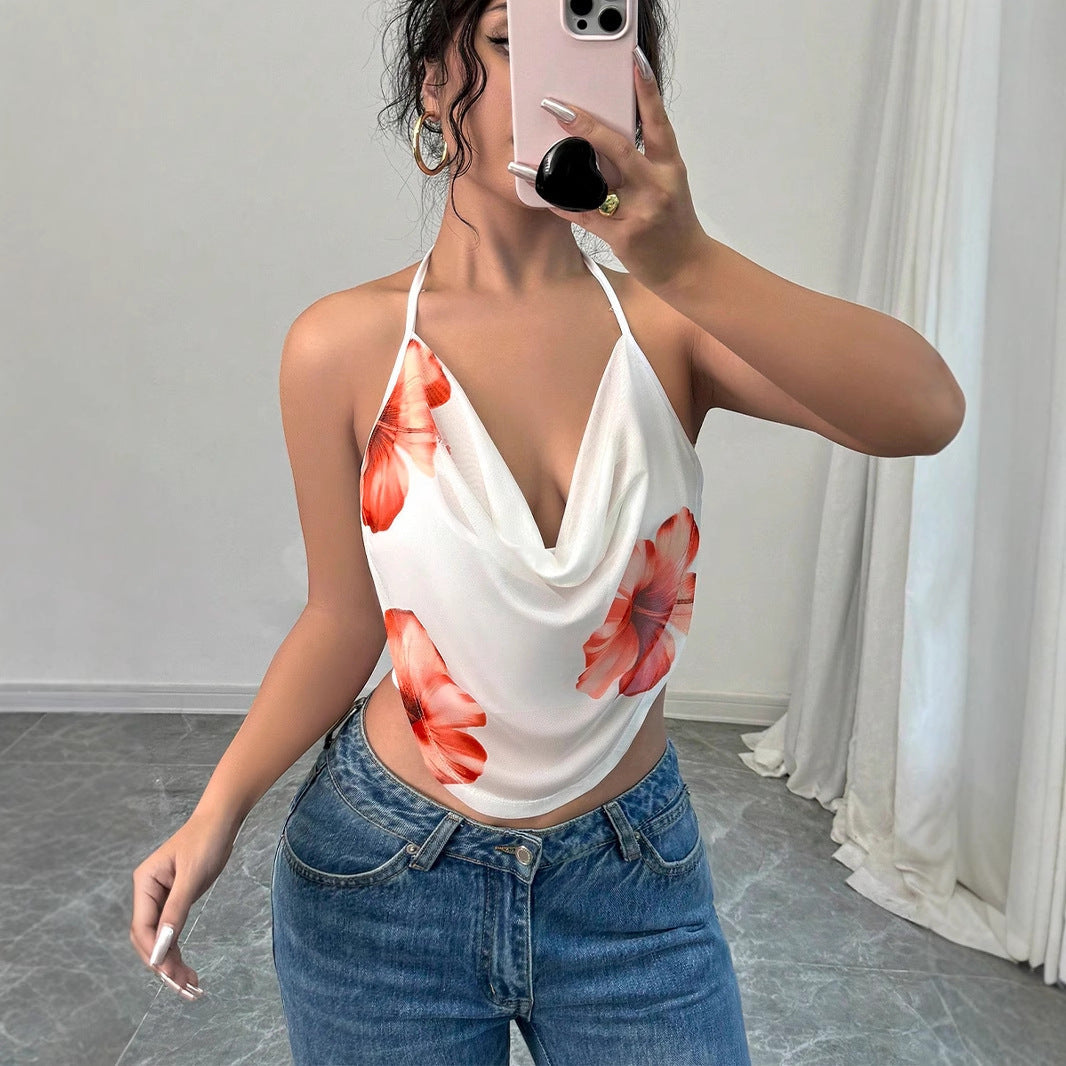 Top à manches pour femmes avec décolleté en V profond et design floral R&B