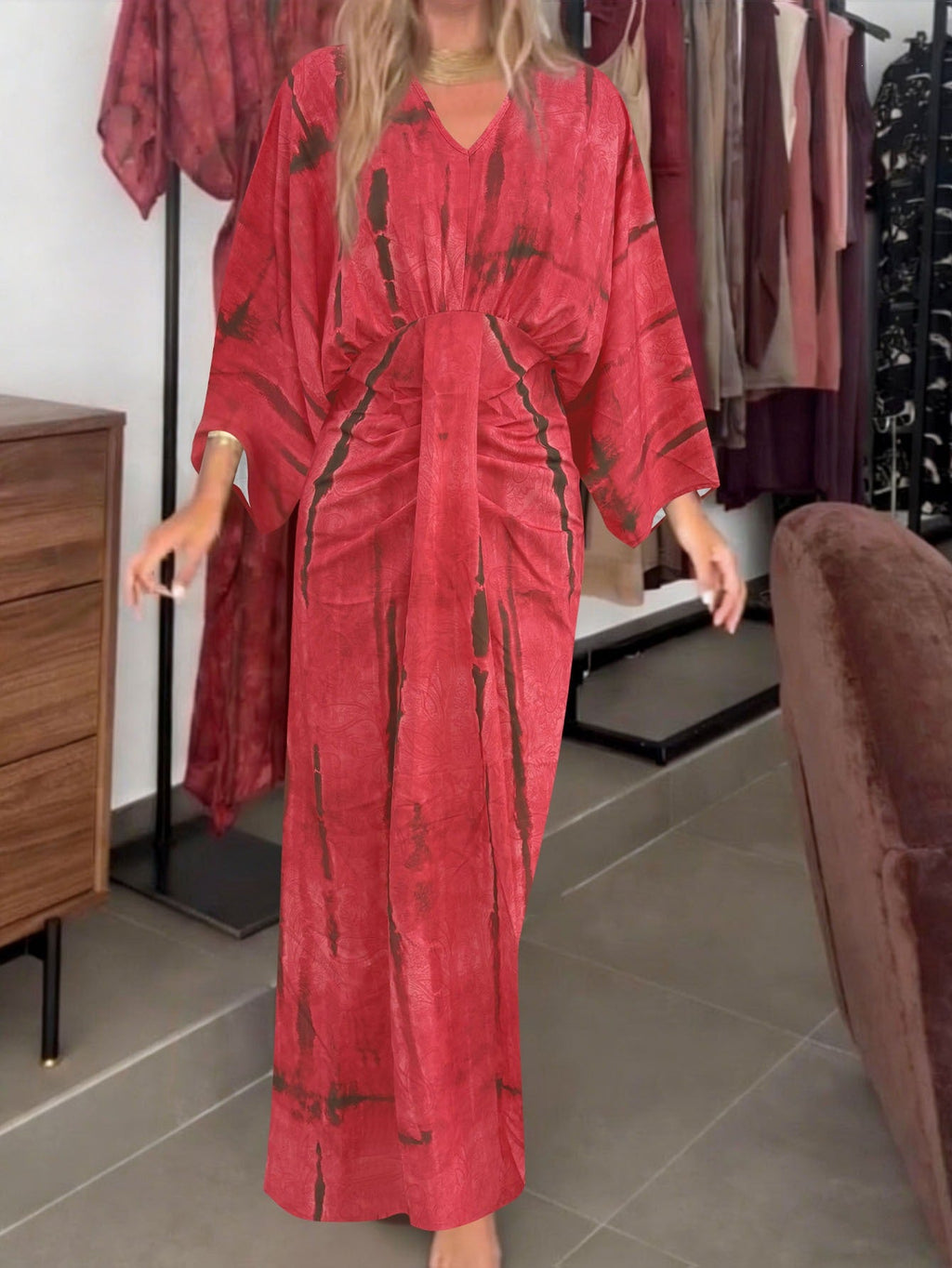 Robe maxi fluide pour femmes avec décolleté en V, effet enveloppant et ceinture décorative Echoarchiv