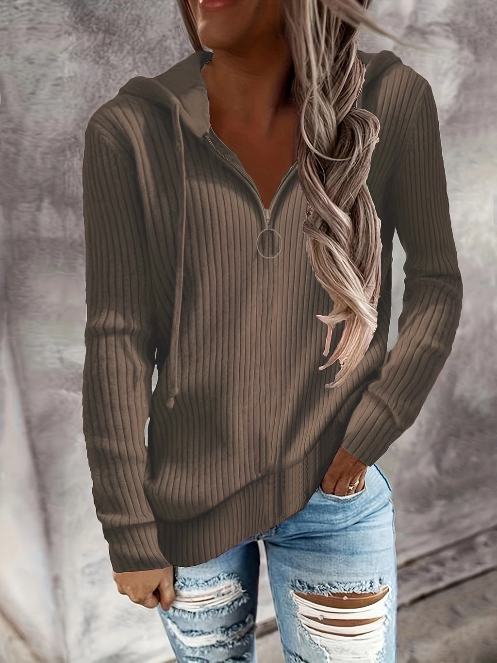 Hoodie à col montant en tricot côtelé pour femmes avec fermeture éclair mi-haute et tirette en anneau Echoarchiv