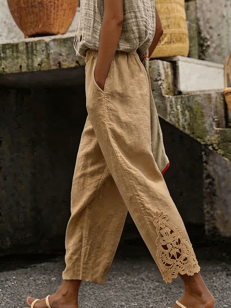 Pantalon en lin élégant pour femmes avec délicate dentelle R&B