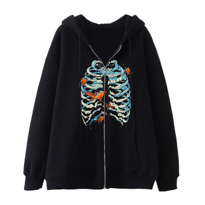 Veste à capuche pour femmes avec fermeture éclair intégrale et impression cœur côtelé Echo Archiv