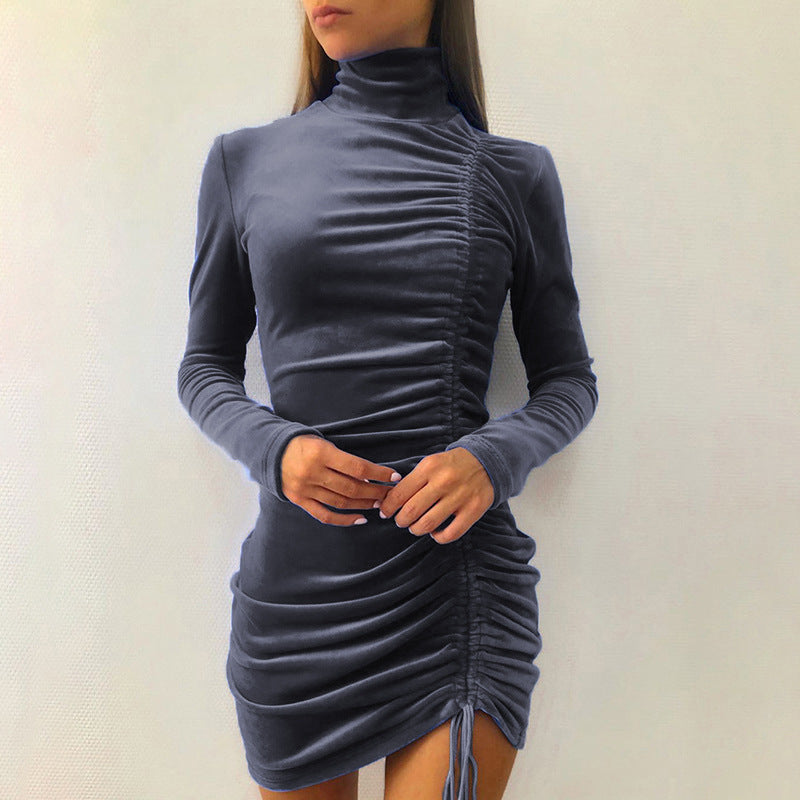 Robe Minijupe Bodycon Femme avec Col Montant et Drapé Latéral