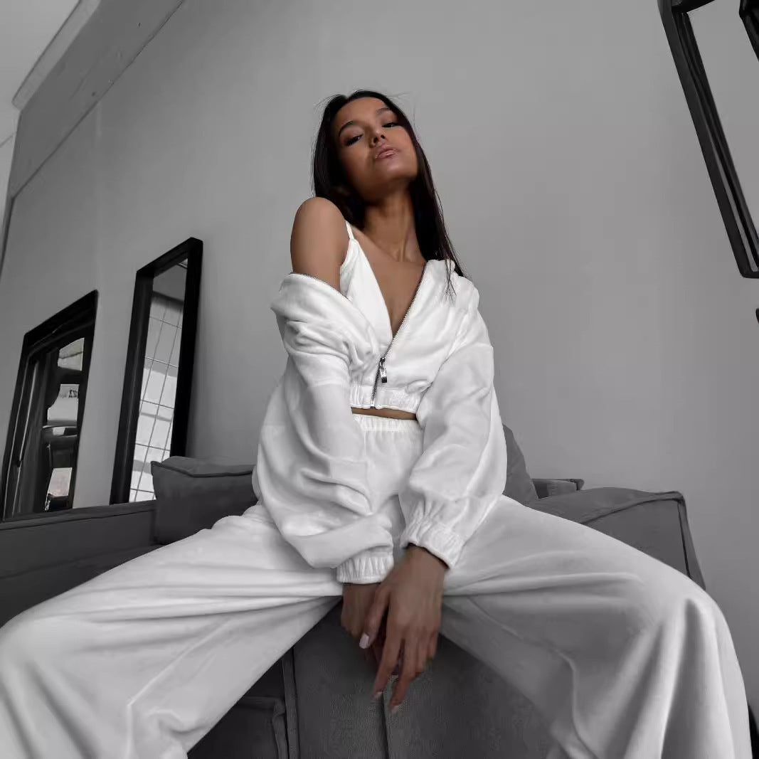 Ensemble Lounge Velours Femme avec Hoodie à Fermeture Éclair Courte, Pantalon de Jogging Taille Haute Élastique et Bustier Echo Archive