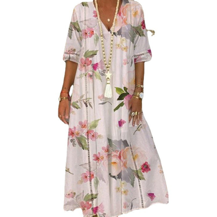 Robe mi-longue kaftan fluide pour femmes avec décolleté en V, bandes ajourées et qualité légère en mélange de lin R&B