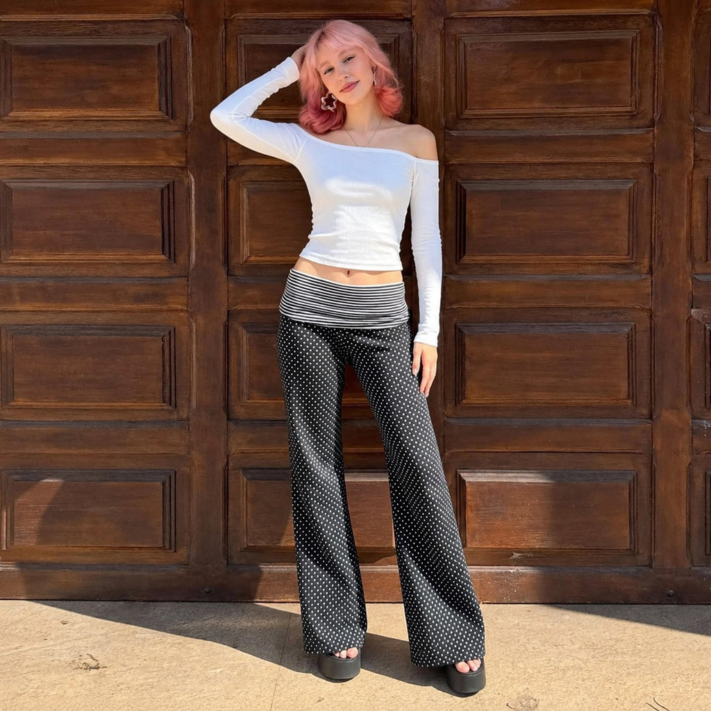 Pantalon Marlene large pour femmes avec taille haute à revers et jersey stretch à pois Echo Archiv