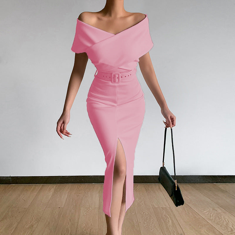 Robe Maxi Off-Shoulder pour Femme avec Ceinture à la Taille et Fente Latérale R&B