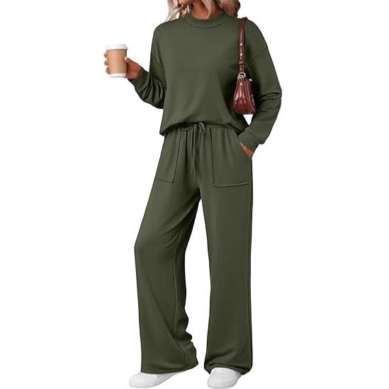 Ensemble de Loungewear Femme en jersey doux avec col rond et pantalon à cordon