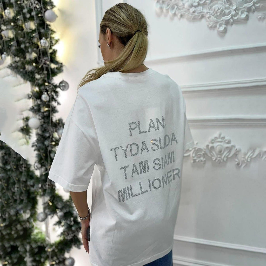 T-shirt oversize pour femmes avec inscription en strass dans le dos