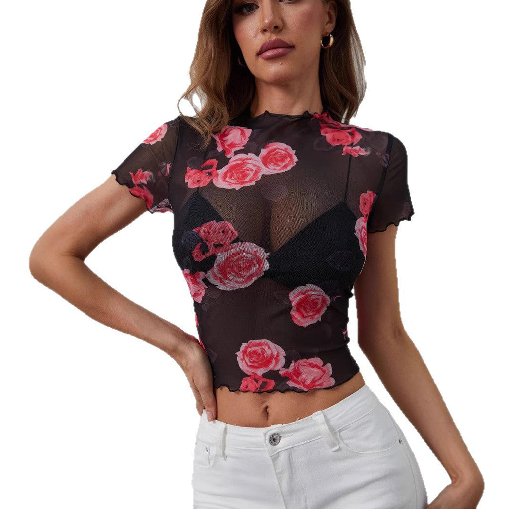 Top court en filet cintré pour femmes avec imprimé de roses, col montant et ourlet ondulé R&B