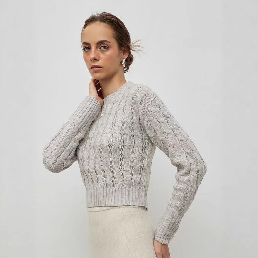 Pull en tricot torsadé pour femmes, coupe courte, col rond et bords côtelés