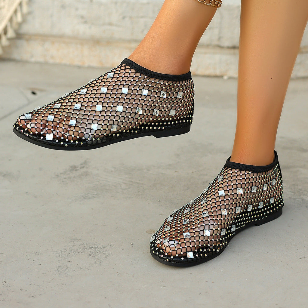 Sandales en filet pour femmes avec des appliques en strass scintillantes R&B