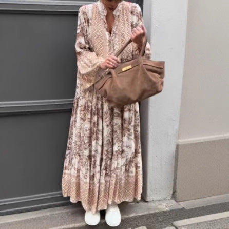 Robe maxi à volants pour femmes avec bordure ethnique, col montant et manches évasées R&B