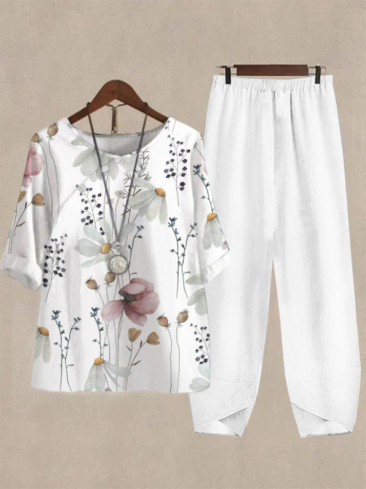 Haut de loisirs pour femmes avec motif floral et pantalon confortable R&B