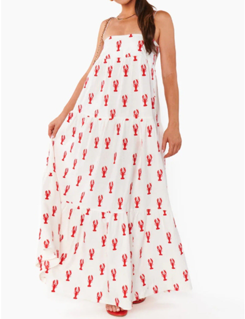 Robe maxi bandeau sans bretelles pour femme avec jupe à volants en cascade et motif homard maritime R&B