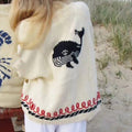 Cardigan en tricot oversize pour femmes avec motif de baleine et bordure nautique Echoarchiv