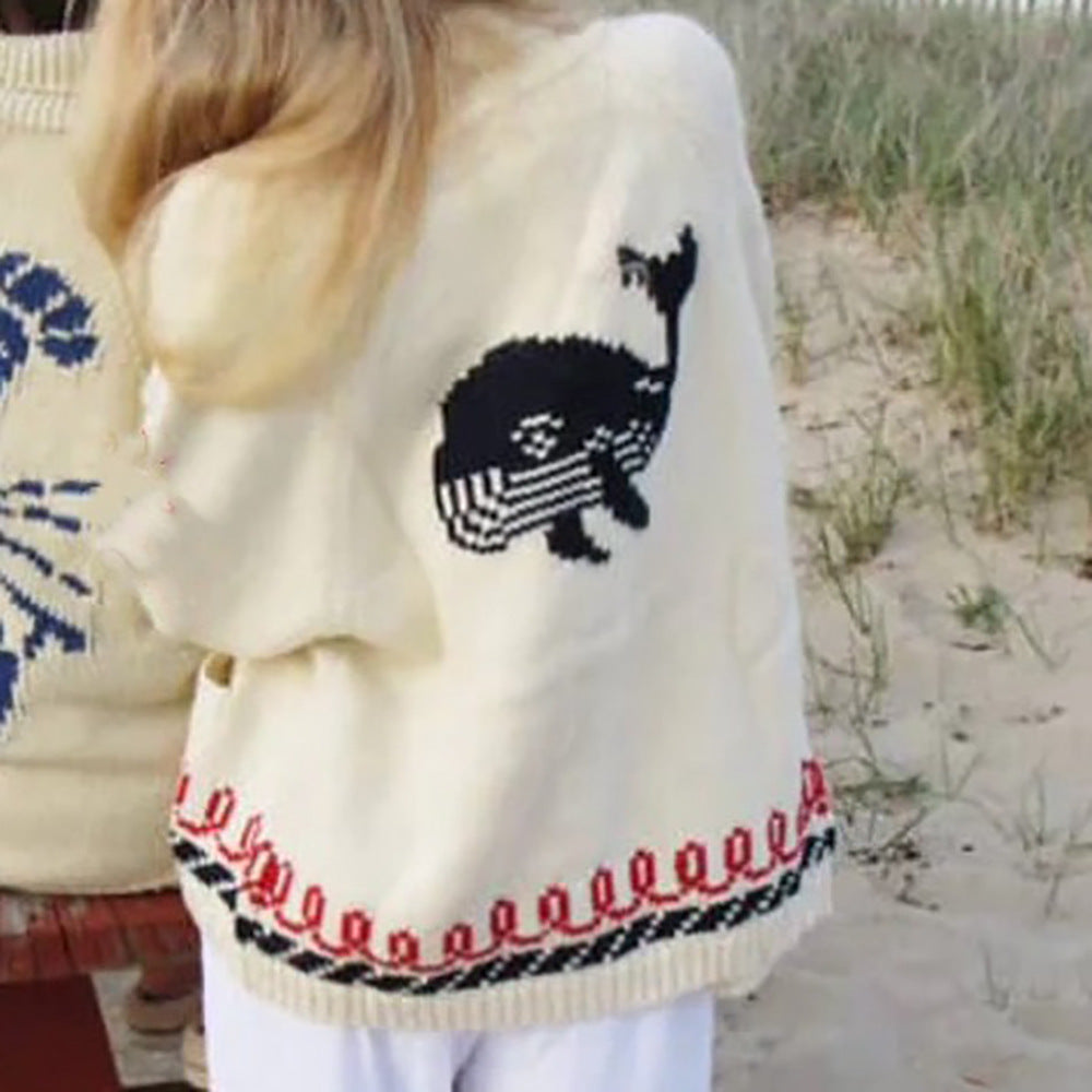 Cardigan en tricot oversize pour femmes avec motif de baleine et bordure nautique Echoarchiv