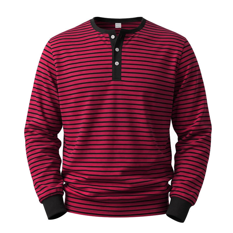 Chemise Henley à manches longues pour hommes en mélange de coton avec de fines rayures et patte de boutonnage Echoarchiv