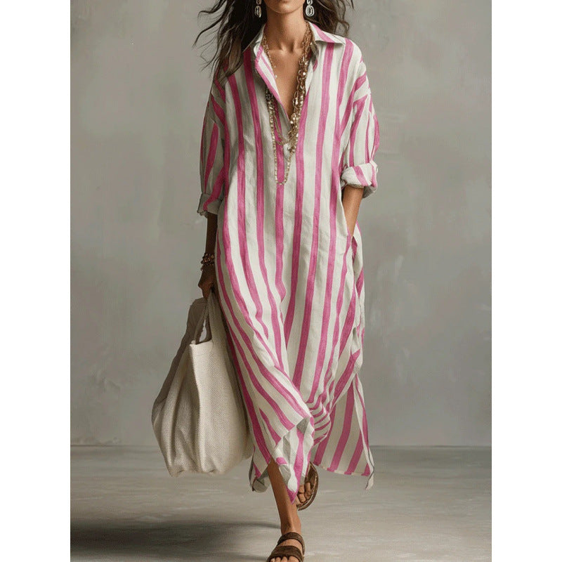 Robe chemise longue à rayures pour femmes en look lin avec décolleté en V et poches passepoilées Echoarchiv
