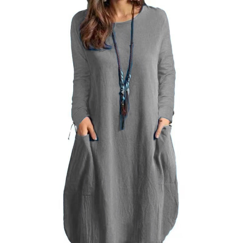 Robe longue en lin à coupe A pour femmes avec poches et col rond Echoarchiv