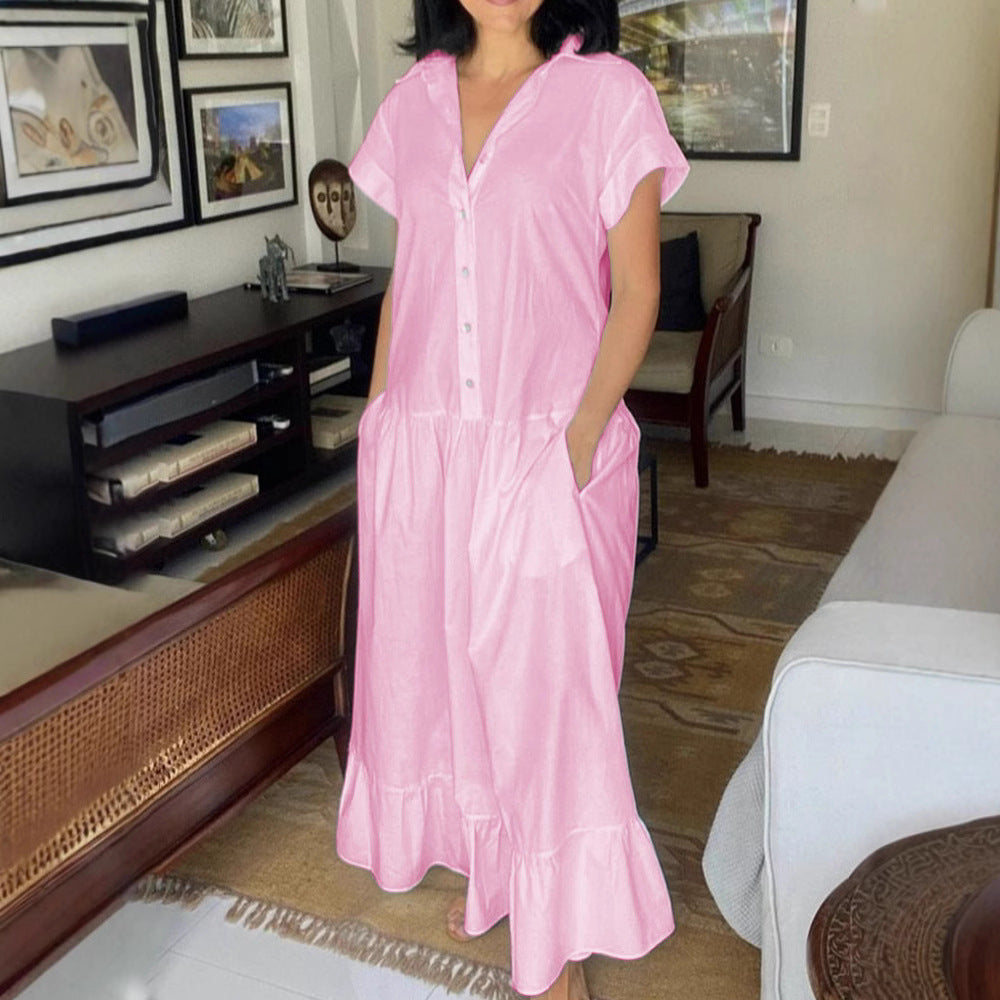 Robe Boutonnée Décontractée pour Femmes avec Poches et Ourlet Volant R&B