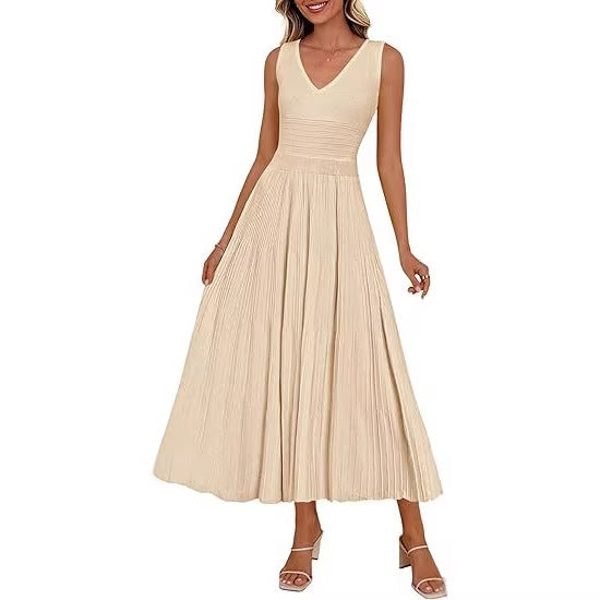 Robe plissée pour femmes avec décolleté en V et ourlet évasé R&B