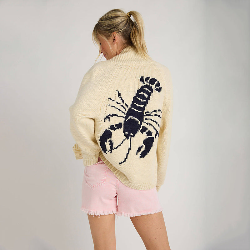 Pull à col roulé en grosse maille pour femmes avec motif en intarsia de homard et coupe oversize décontractée Echoarchiv
