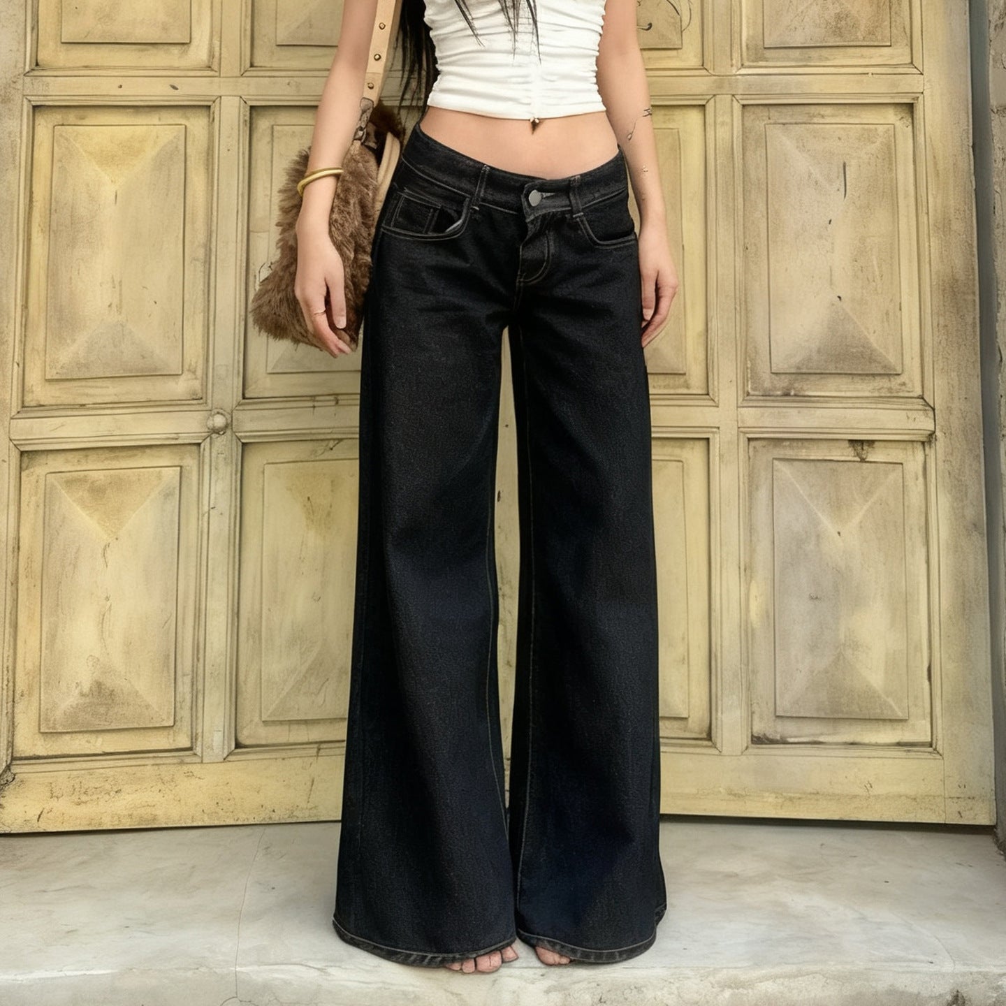 Jeans taille haute à jambe large pour femmes avec taille haute et surpiqûres contrastées Echo Archiv