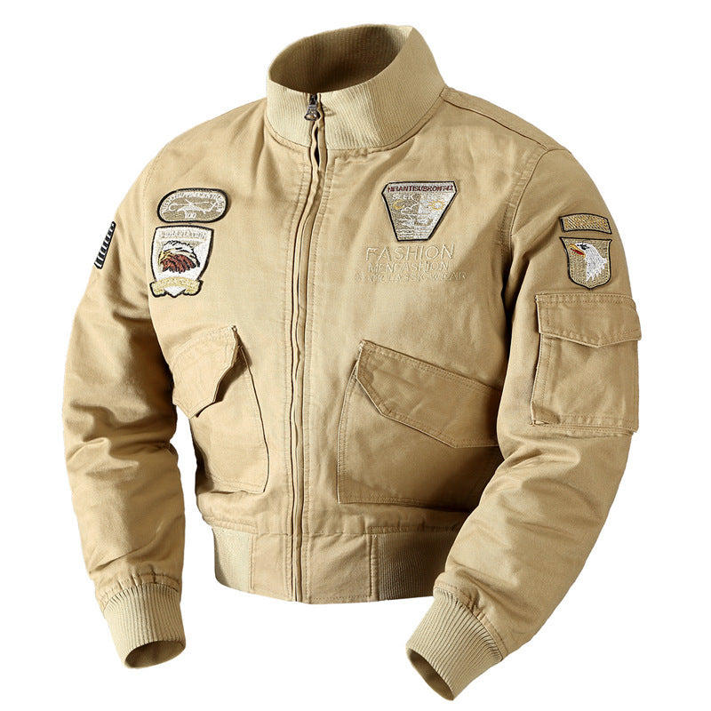 Veste pilote rétro-inspirée pour hommes en toile résistante avec écussons brodés, poche multifonction sur la manche et col montant Echo Archiv