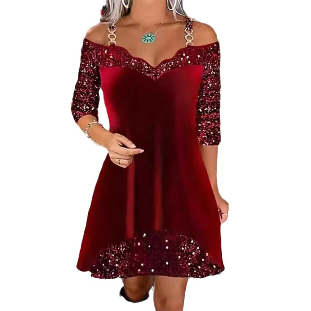 Robe swing sans manches en sequins pour femmes avec bretelles délicates, manches mi-longues et volant R&B