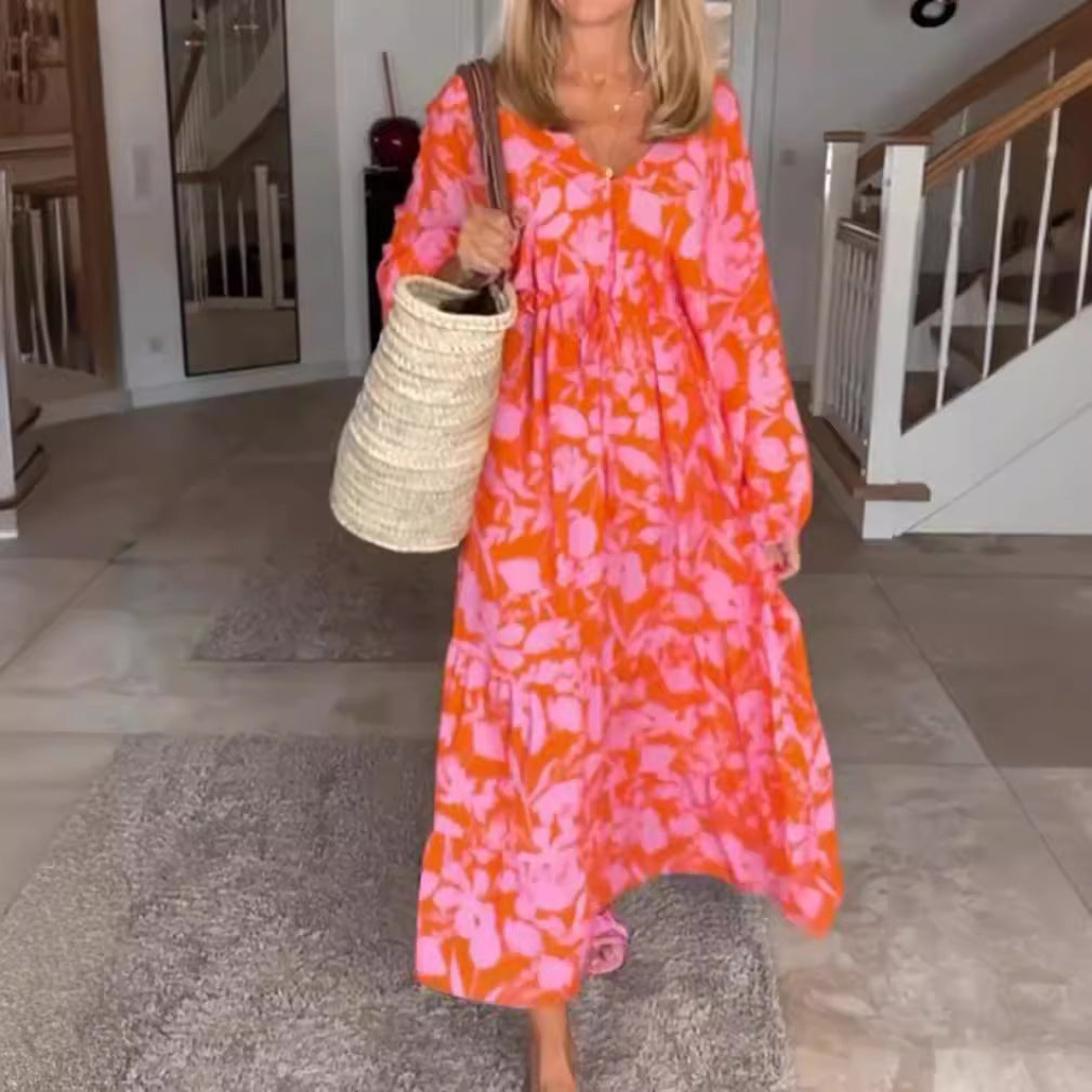 Robe maxi à volants pour femmes avec décolleté en V, taille ajustable et manches ballon R&B