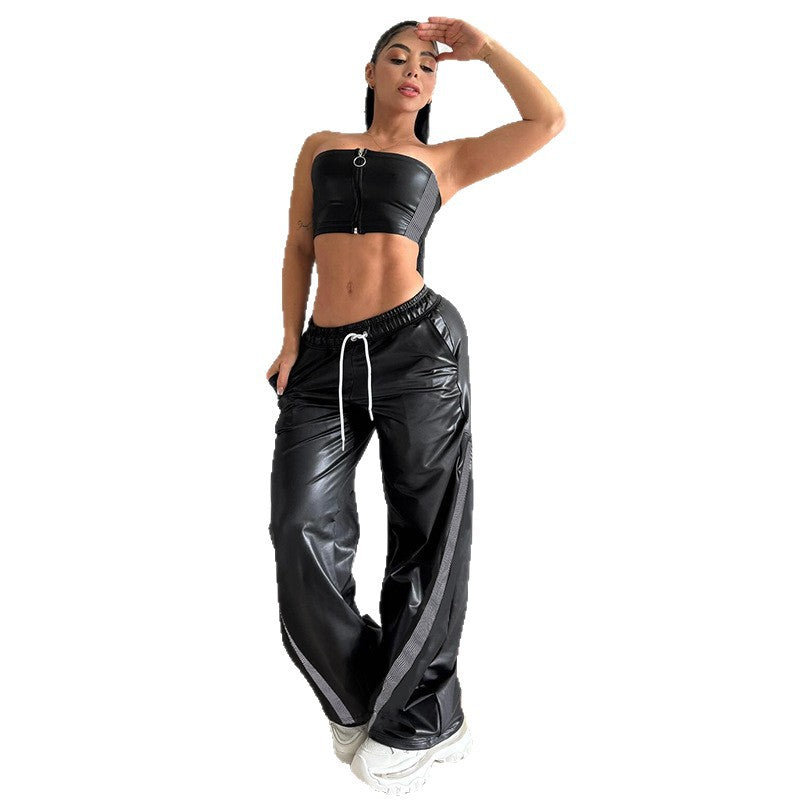 Pantalons de sport en simili cuir large pour femmes avec taille élastique, cordon de serrage et bandes latérales Echo Archiv