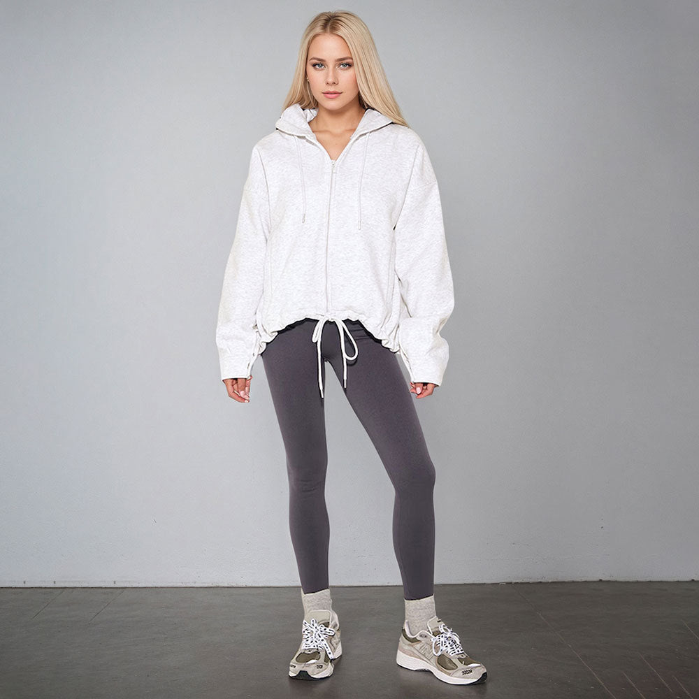 Veste à capuche oversize pour femmes avec fermeture éclair, ourlet à cordon et poches kangourou